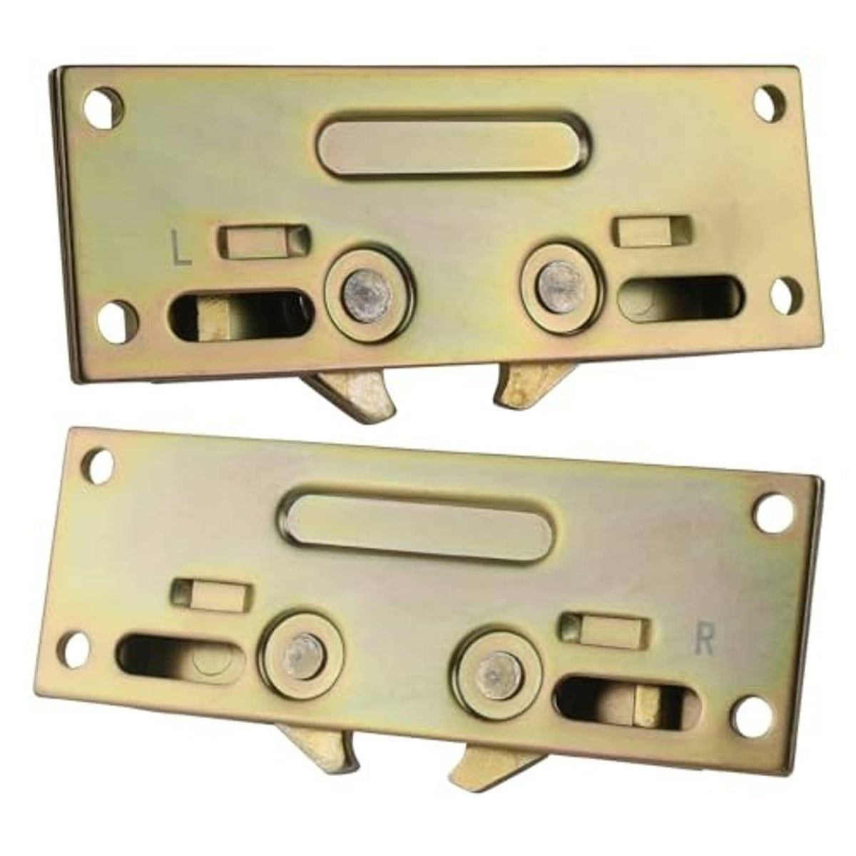 Metal door latch lock plates labeled L and R with mounting holes, brass tone.