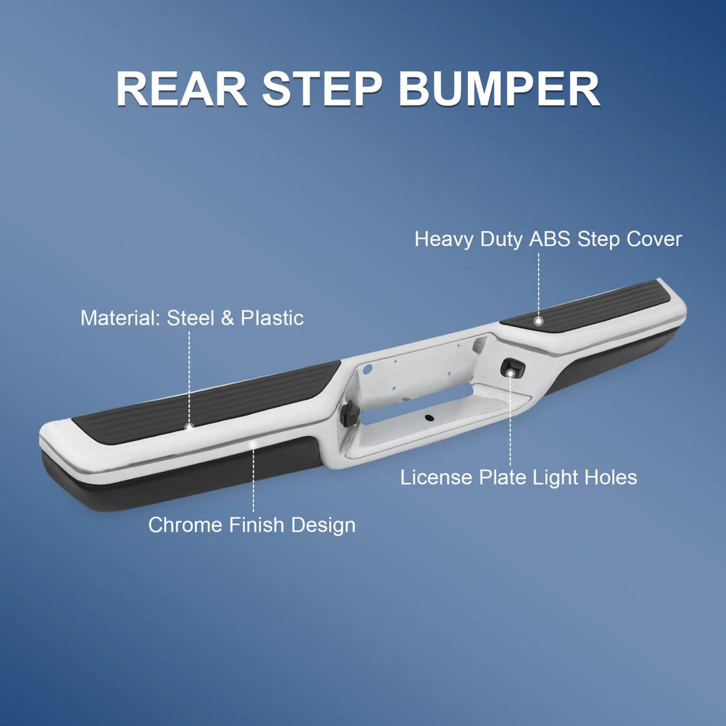 Rear step bumper with chrome finish, heavy-duty ABS step cover, and license plate light holes.