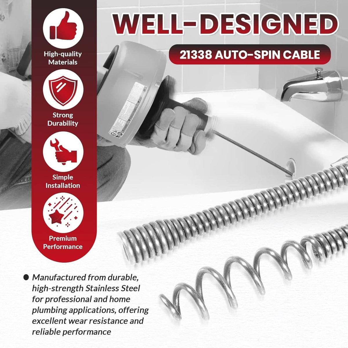Auto-spin drain cable replacement, coiled stainless-steel spring auger