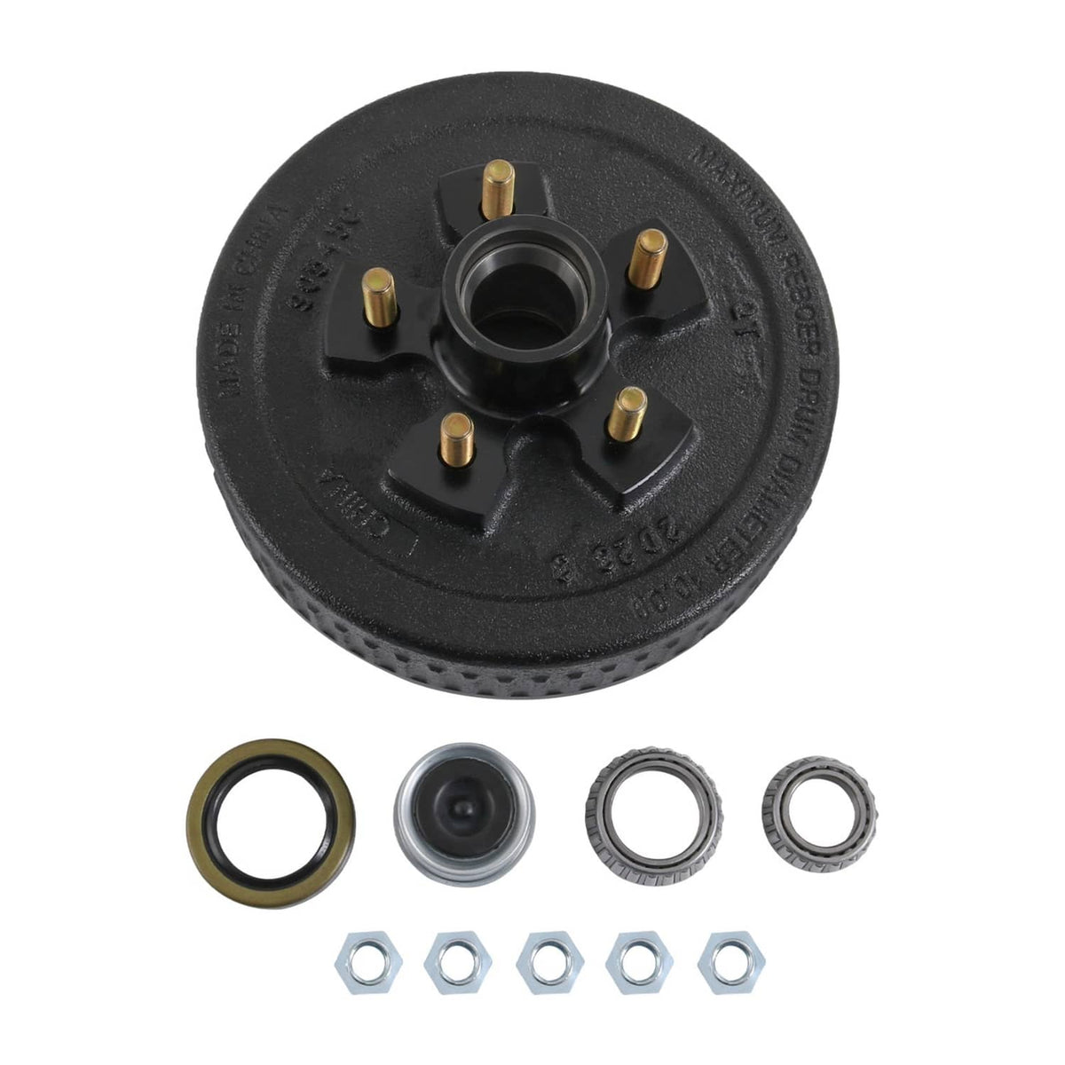 Black trailer brake drum hub with bearings and grease seals, with hex bolts and nuts