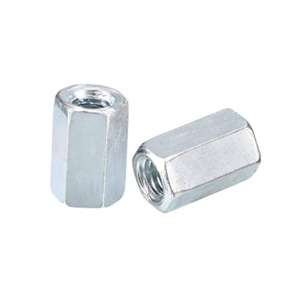 Galvanized steel hex coupling nuts with internal threads, two-piece set