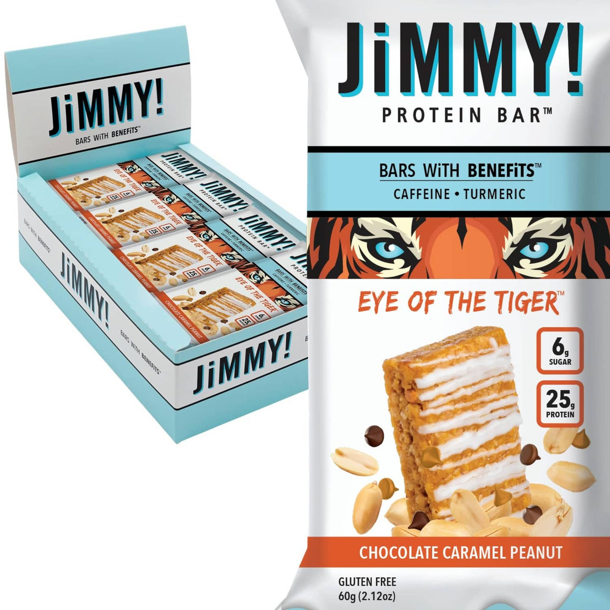 JiMMY! Eye of the Tiger protein bar box with caramel chocolate pouch, 12-count pack