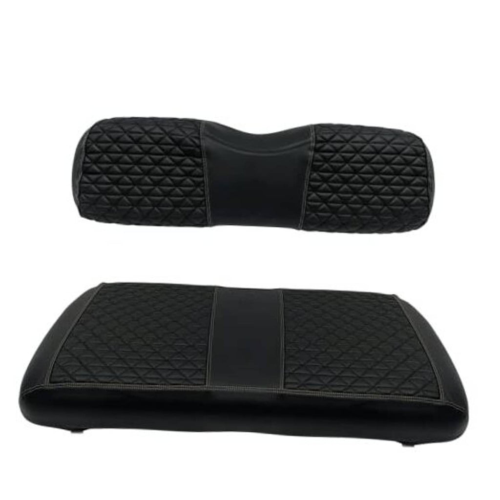 Black quilted front seat cushion covers with stitched center panel and contoured shape