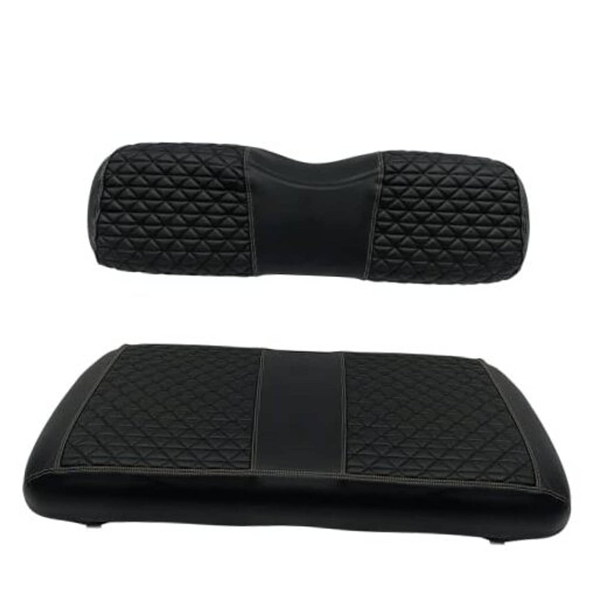 Black quilted front seat cushion covers with stitched center panel and contoured shape