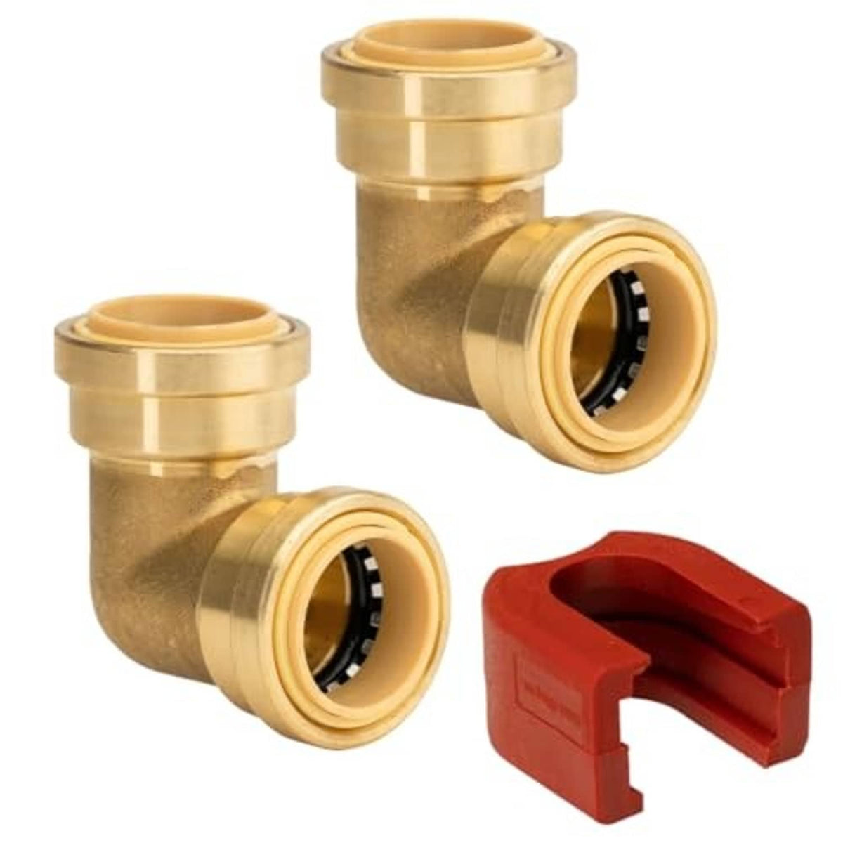 Brass 90-degree elbow push-to-connect fitting, 1 in PTC (2-pack) shown with red clip