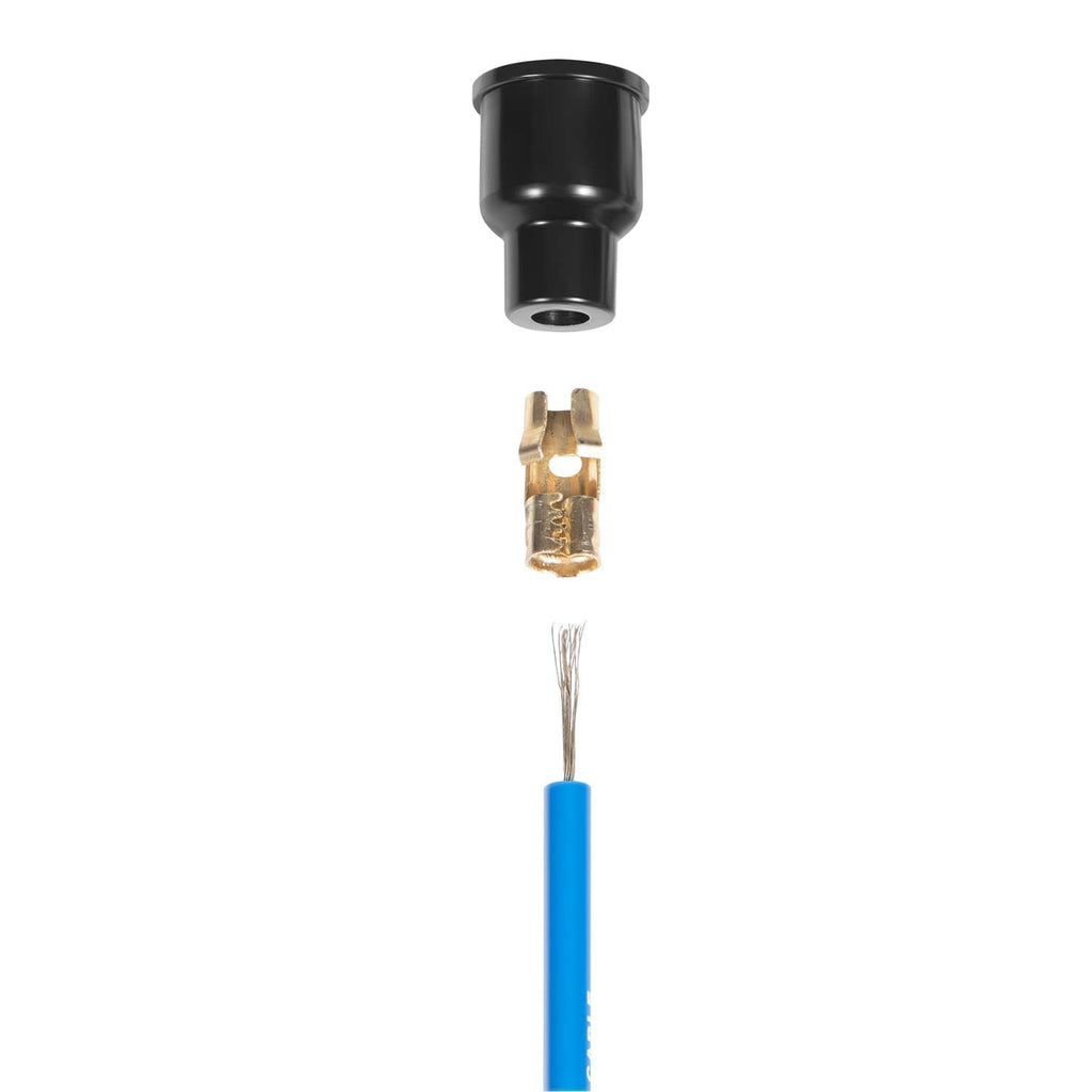 Spark plug wire end with black boot, brass contact, and blue cable