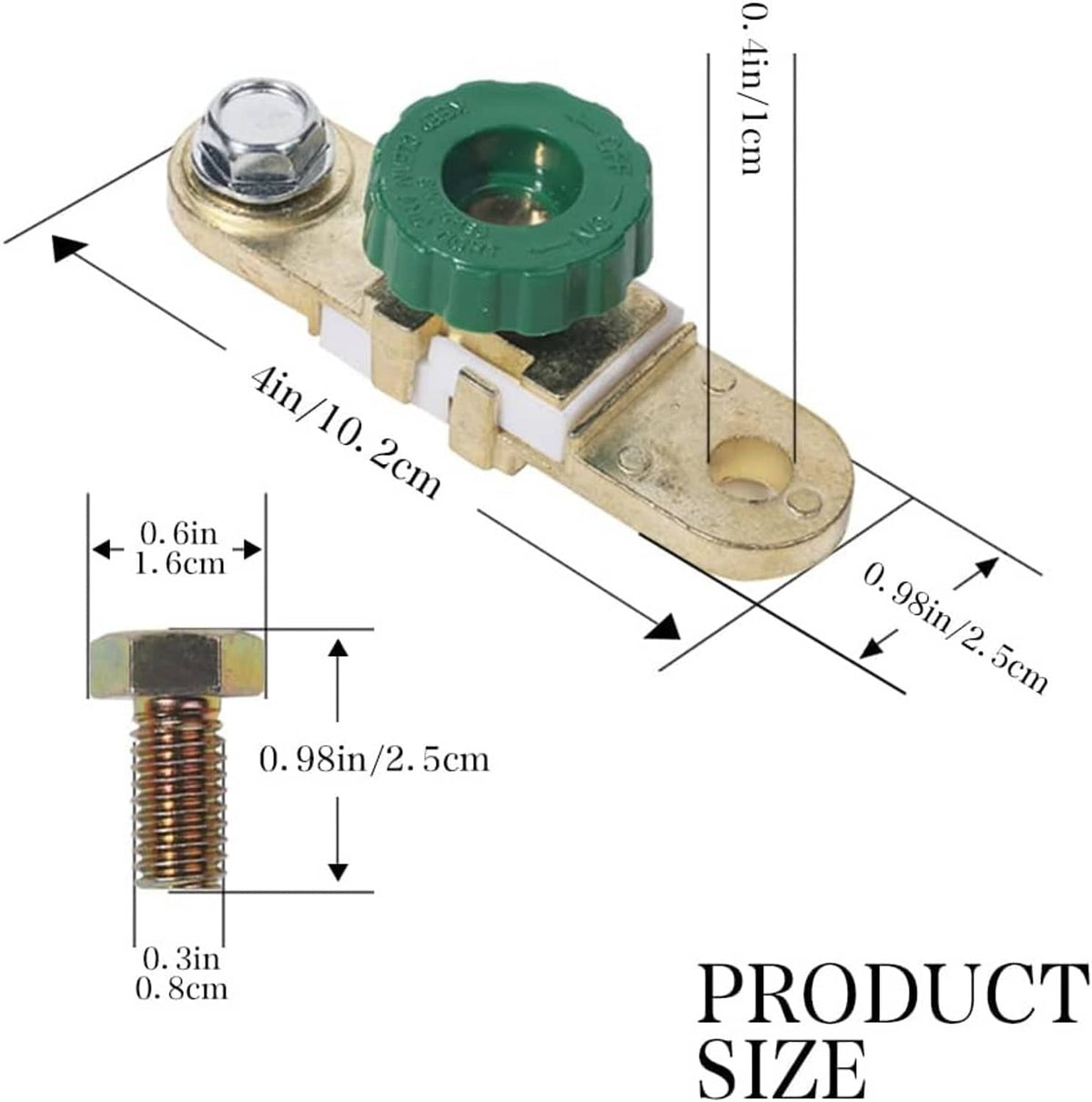 Side post car battery disconnect switch with green cap and metal terminal post