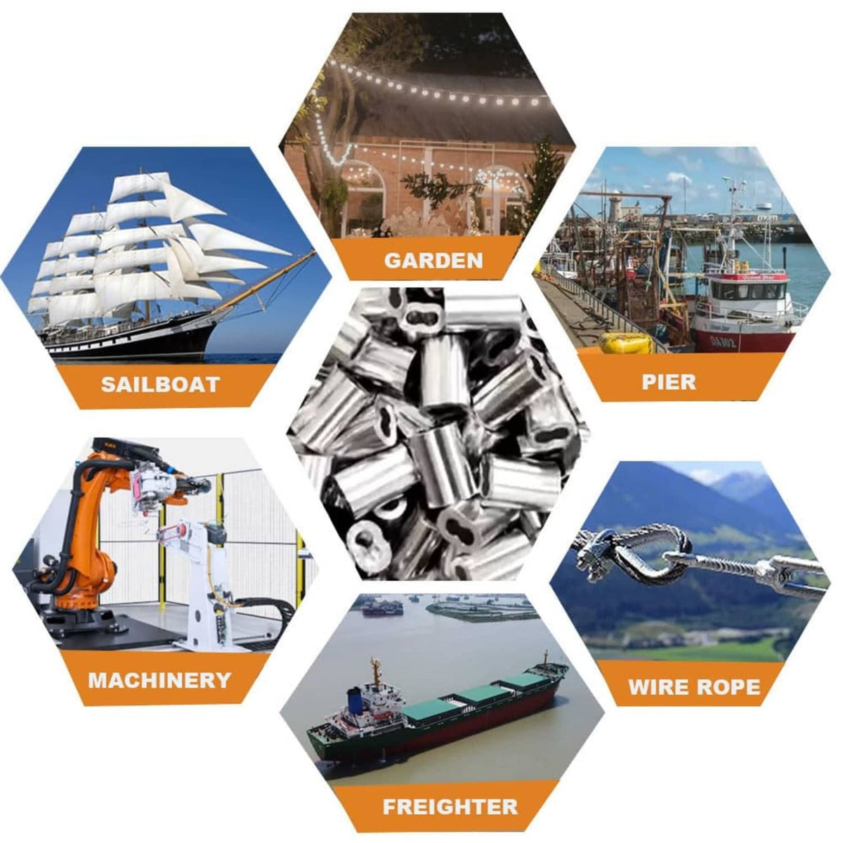 Aluminum crimp loop ferrules for wire rope cable, multi-use graphic