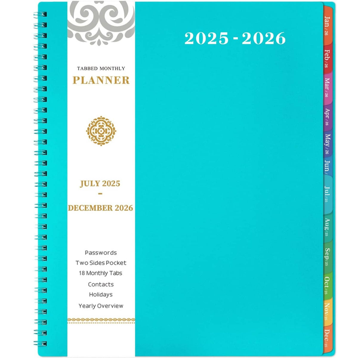 2025-2026 monthly planner with turquoise cover, spiral binding, and July 2025–Dec 2026 range
