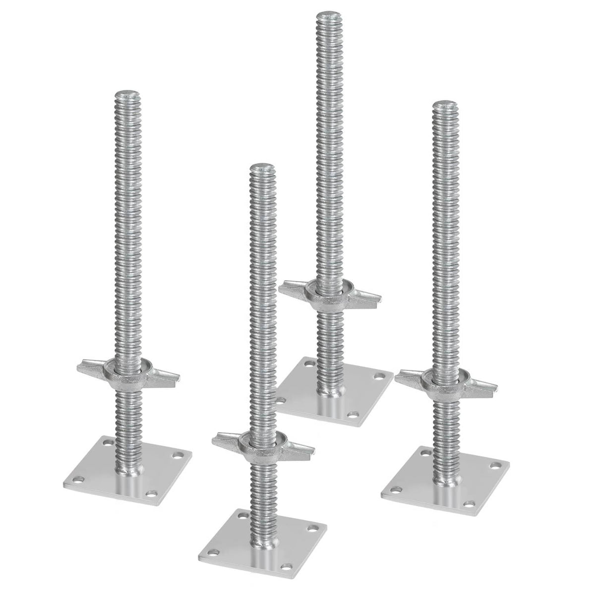 Adjustable leveling jack set with four silver screw legs and square base plates