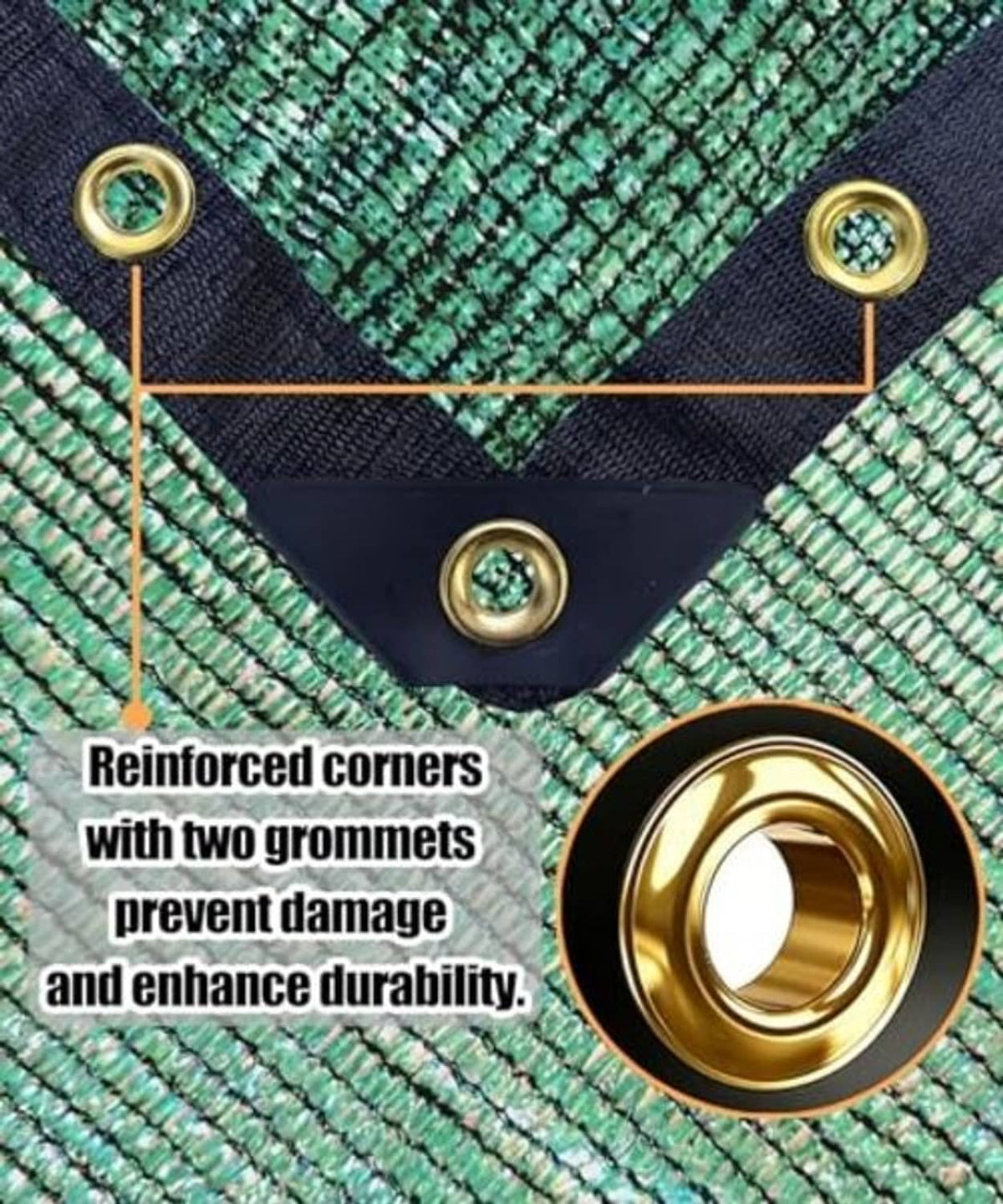Green shade netting corner detail with brass grommets and reinforced dark edging