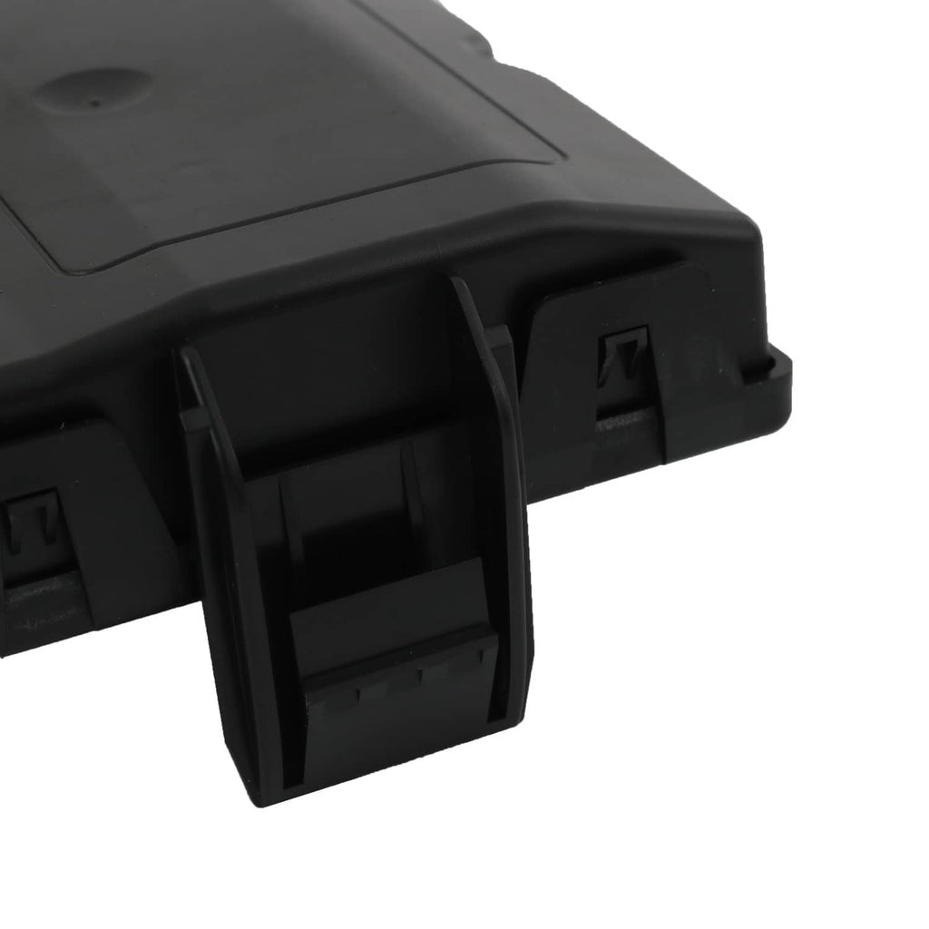 Rear liftgate control module close-up of molded latch and rectangular connector slot