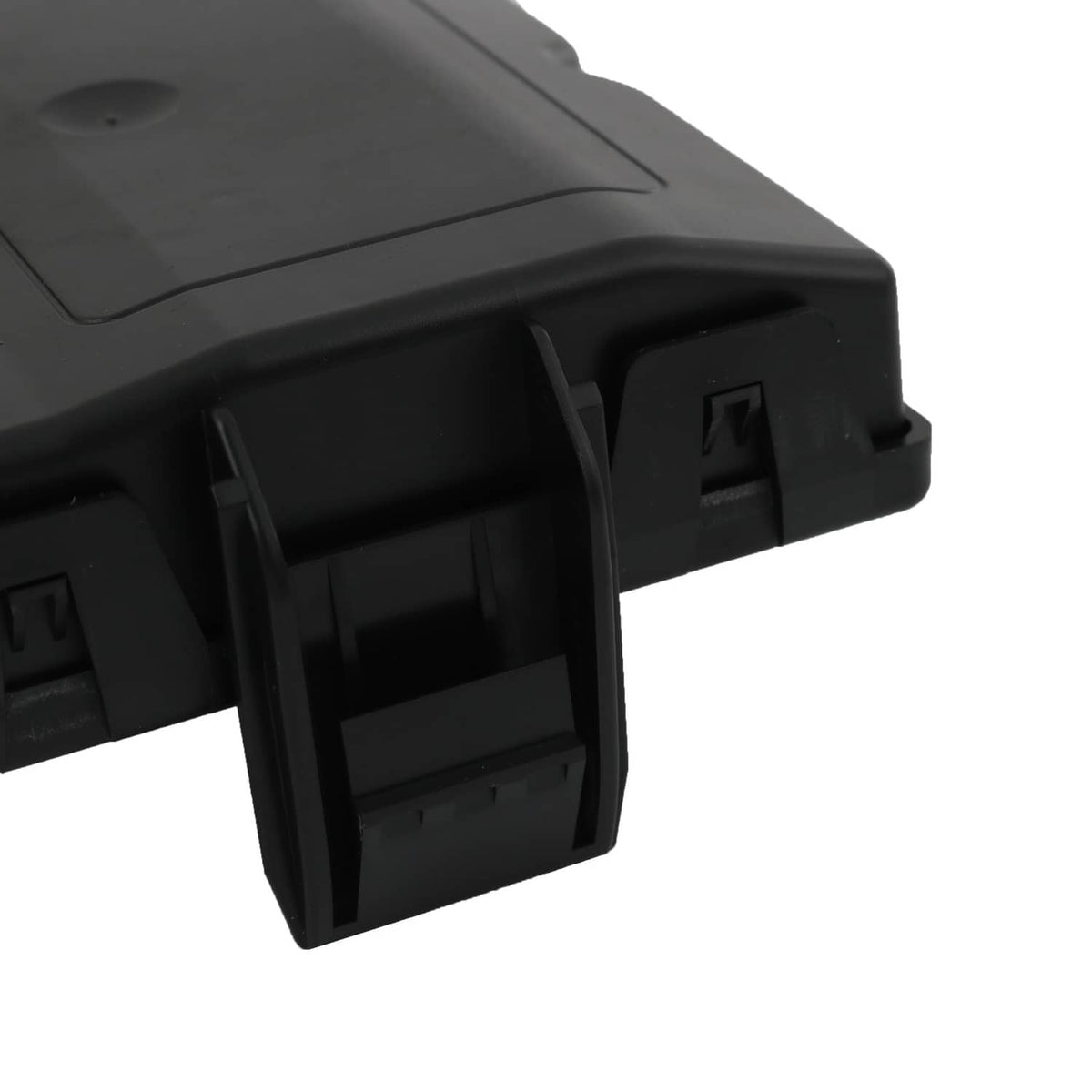Rear liftgate control module close-up of molded latch and rectangular connector slot