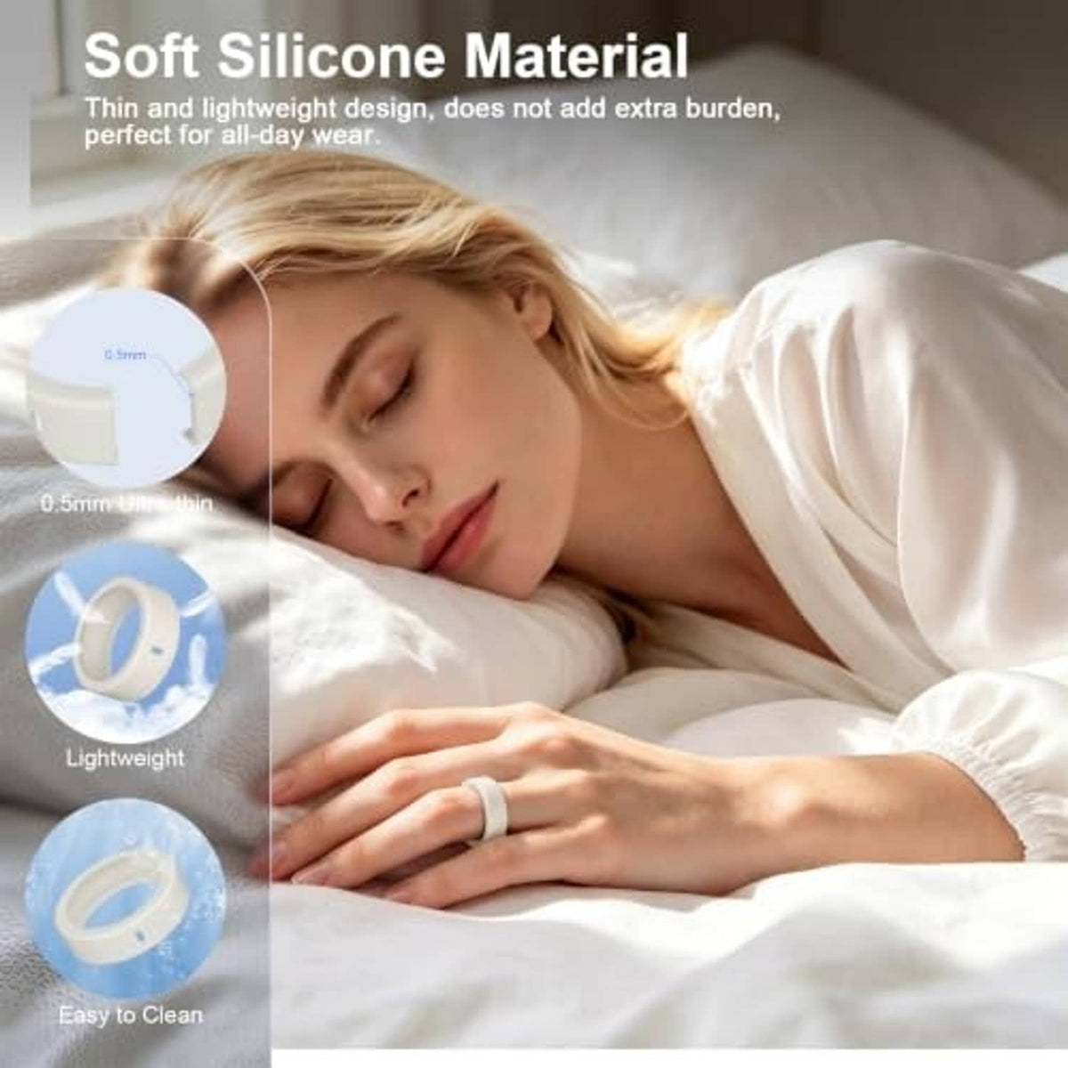 Light-colored silicone smart ring cover on finger while resting in bed