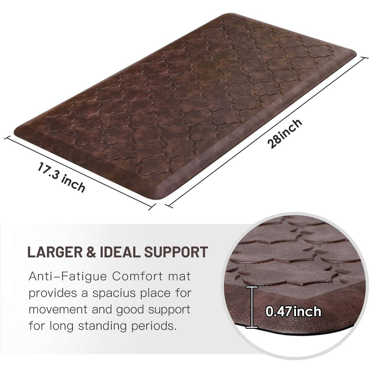Brown anti-fatigue kitchen mat, 17.3 x 28 in, embossed clover texture