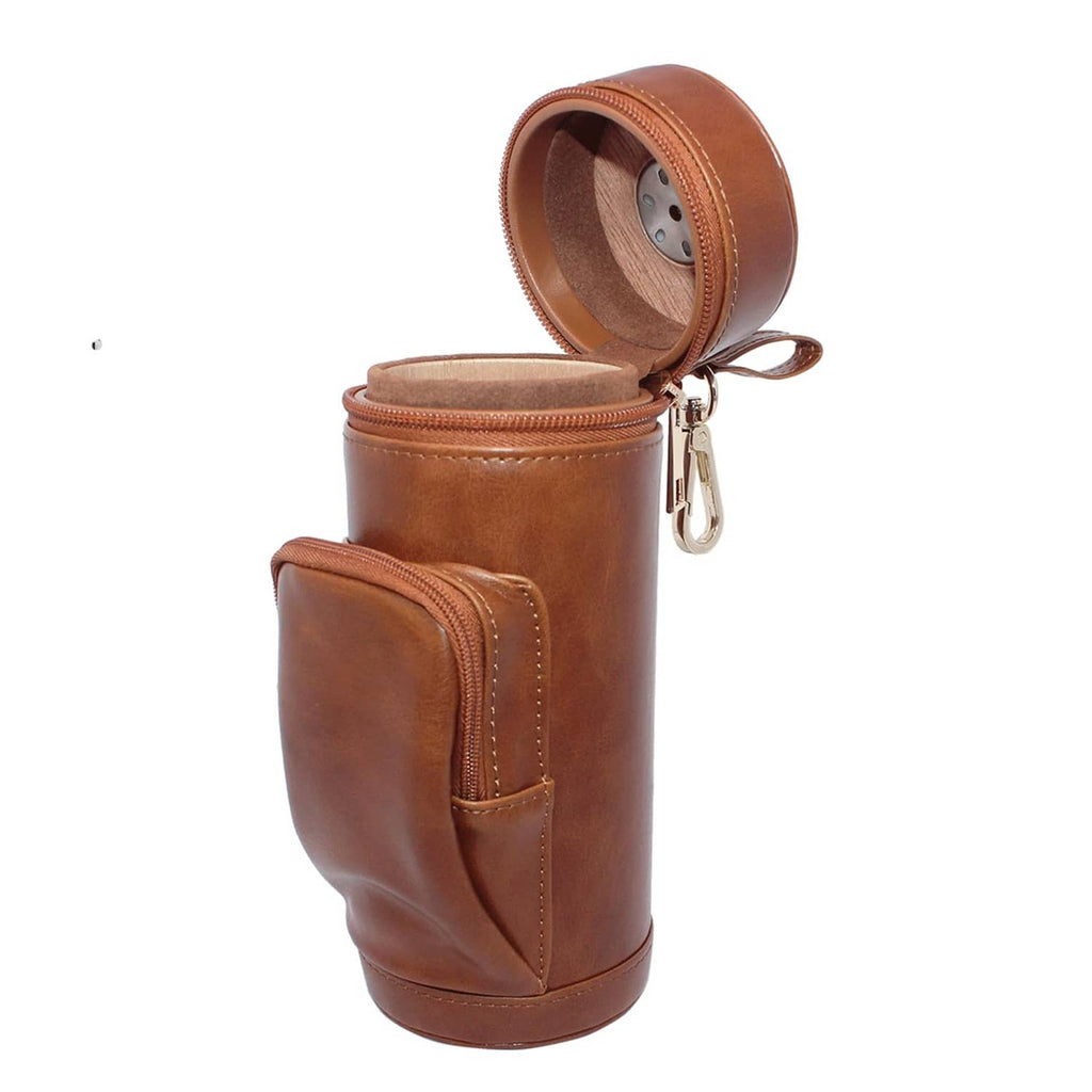 Brown leather cigar humidor case with open lid and zip storage pocket