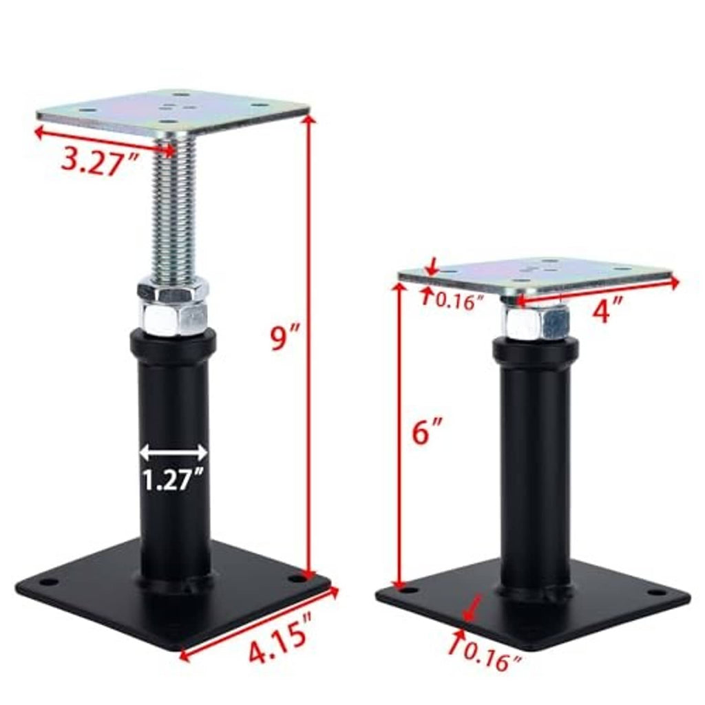 Adjustable floor jack support post with black base, long threaded screw, top plate