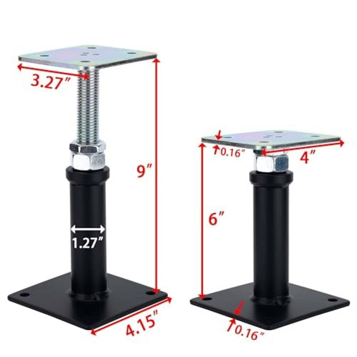 Adjustable floor jack support post with black base, long threaded screw, top plate