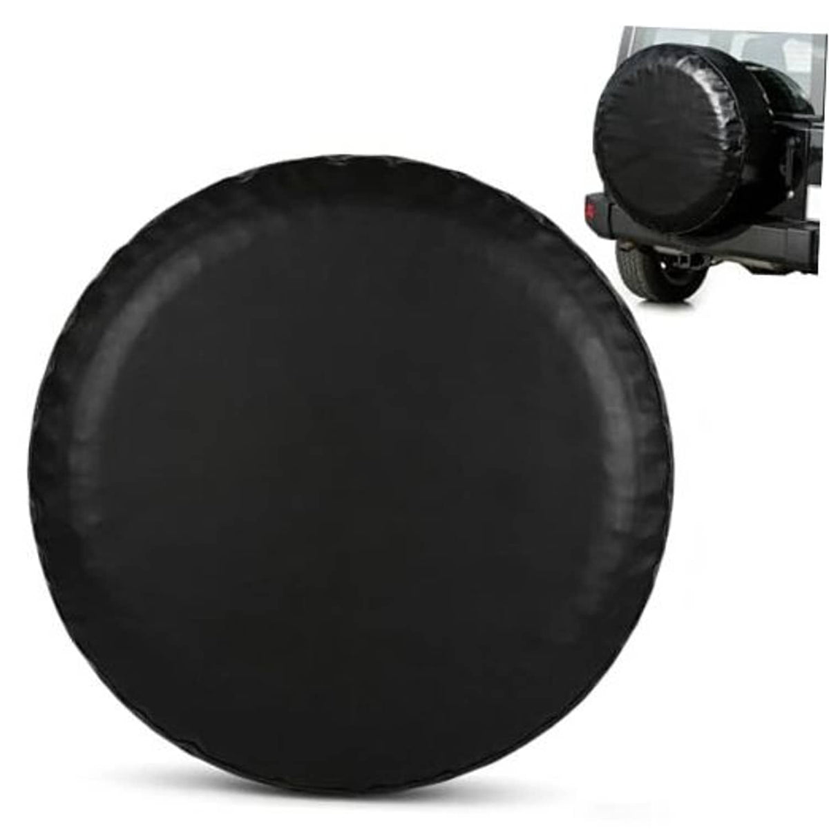 Black round spare tire cover with smooth vinyl-like surface for protective coverage