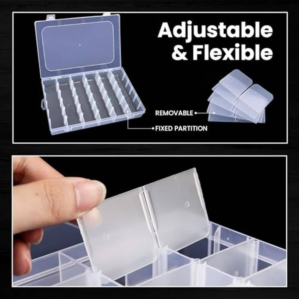 Clear plastic organizer with flip lid, removable dividers, and adjustable compartments