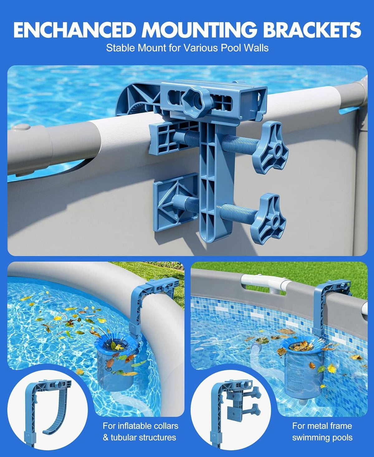 Above-ground pool skimmer mounting bracket set with adjustable wall-mount arms