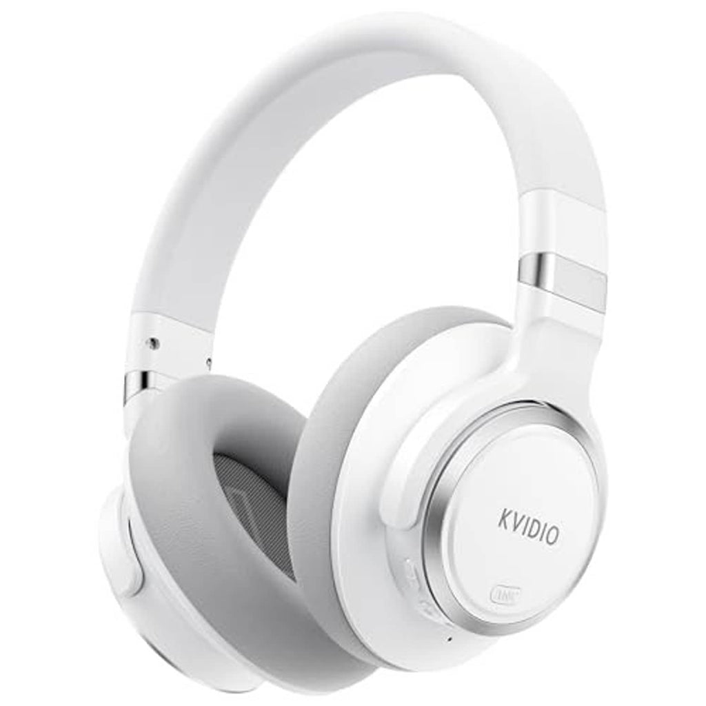 White over-ear headphones with padded earcups, metal hinge details, KVIO logo