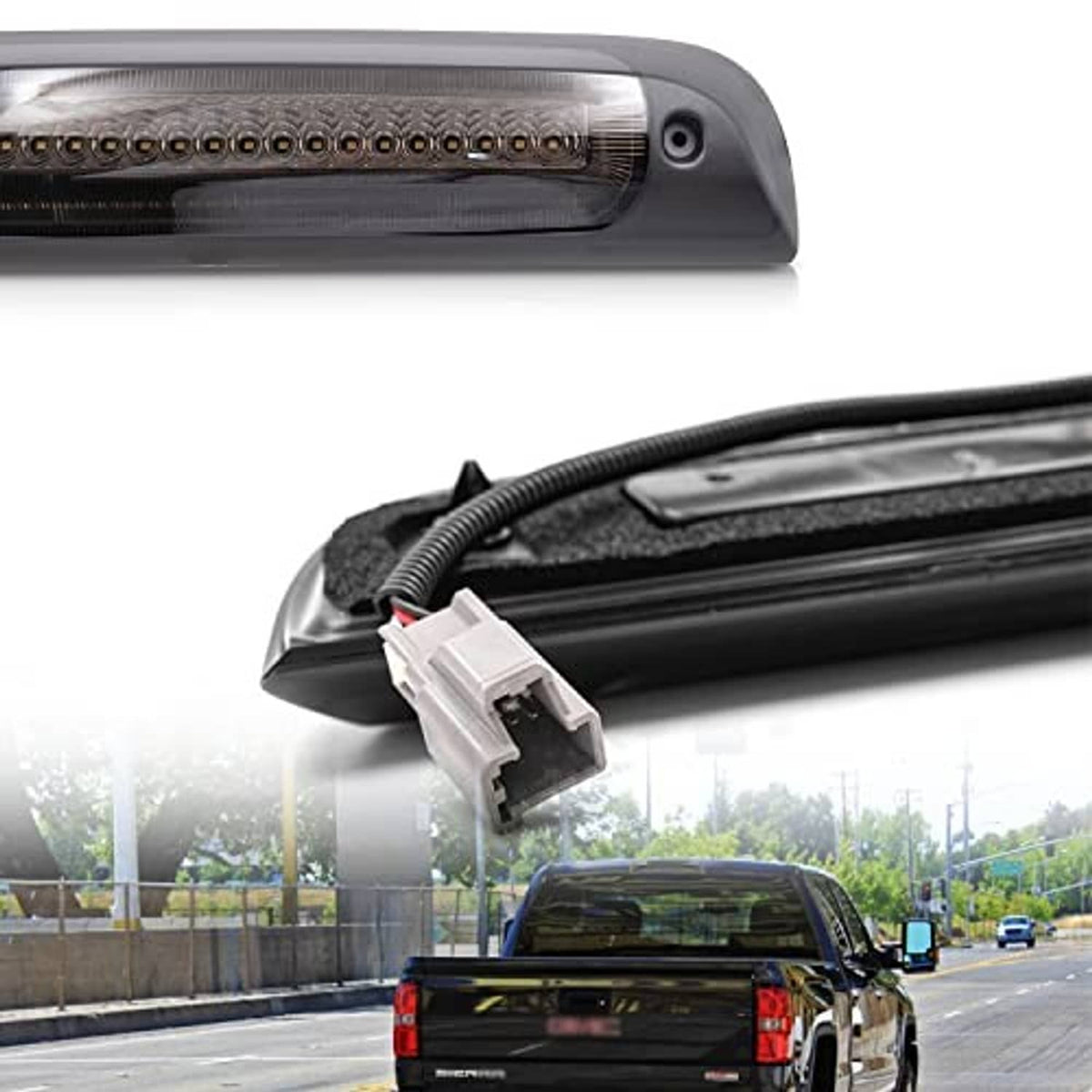 LED third brake light replacement with wiring harness and white connector plug