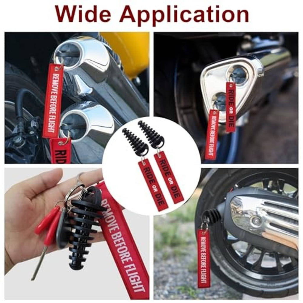 Two black exhaust plugs with red 'RIDE OR DIE' straps and metal keyrings for mufflers