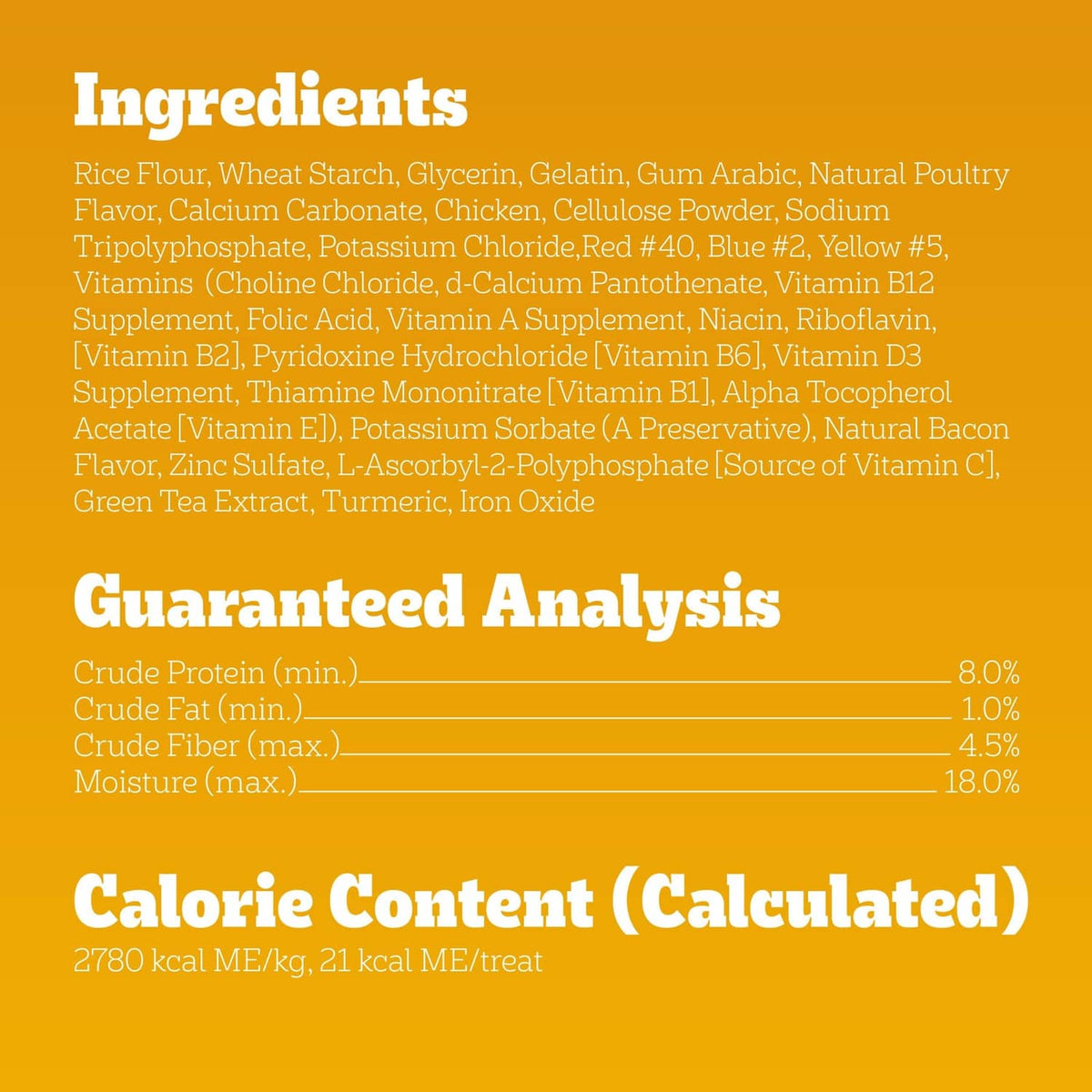 Ingredients and guaranteed analysis panel for dual flavor dental treats