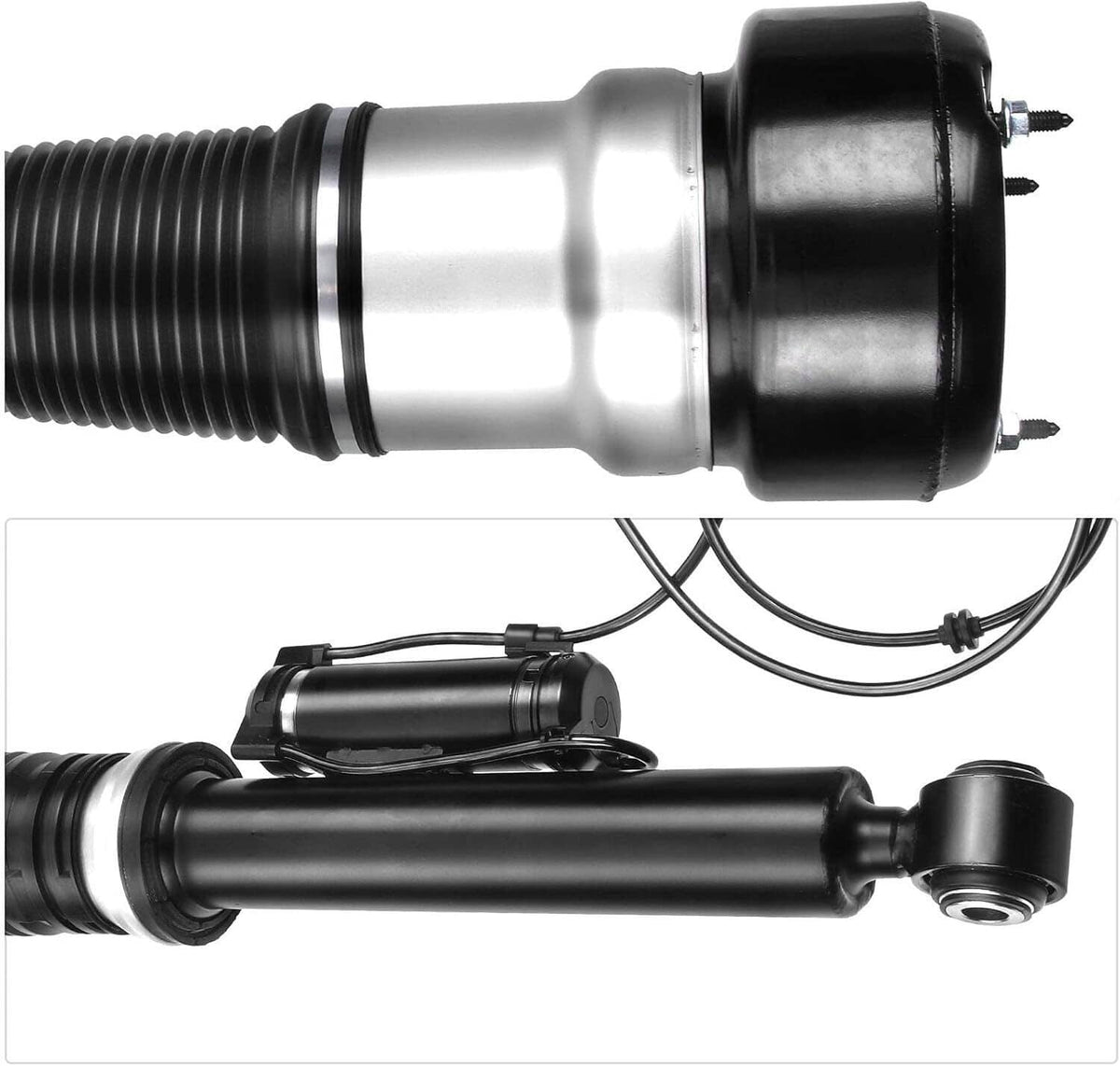 Air suspension shock absorber with silver body, black end cap, and wiring leads.