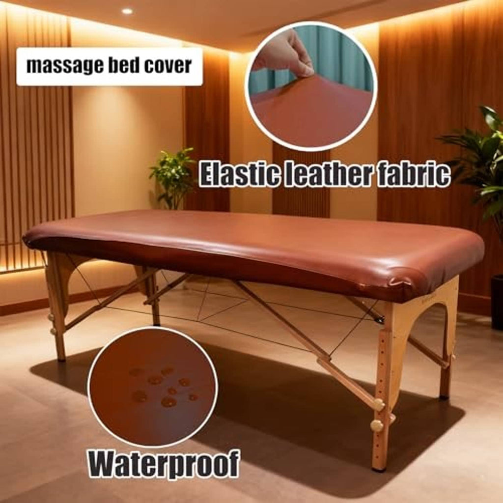 Brown PU vinyl massage table cover on bed, waterproof fabric detail