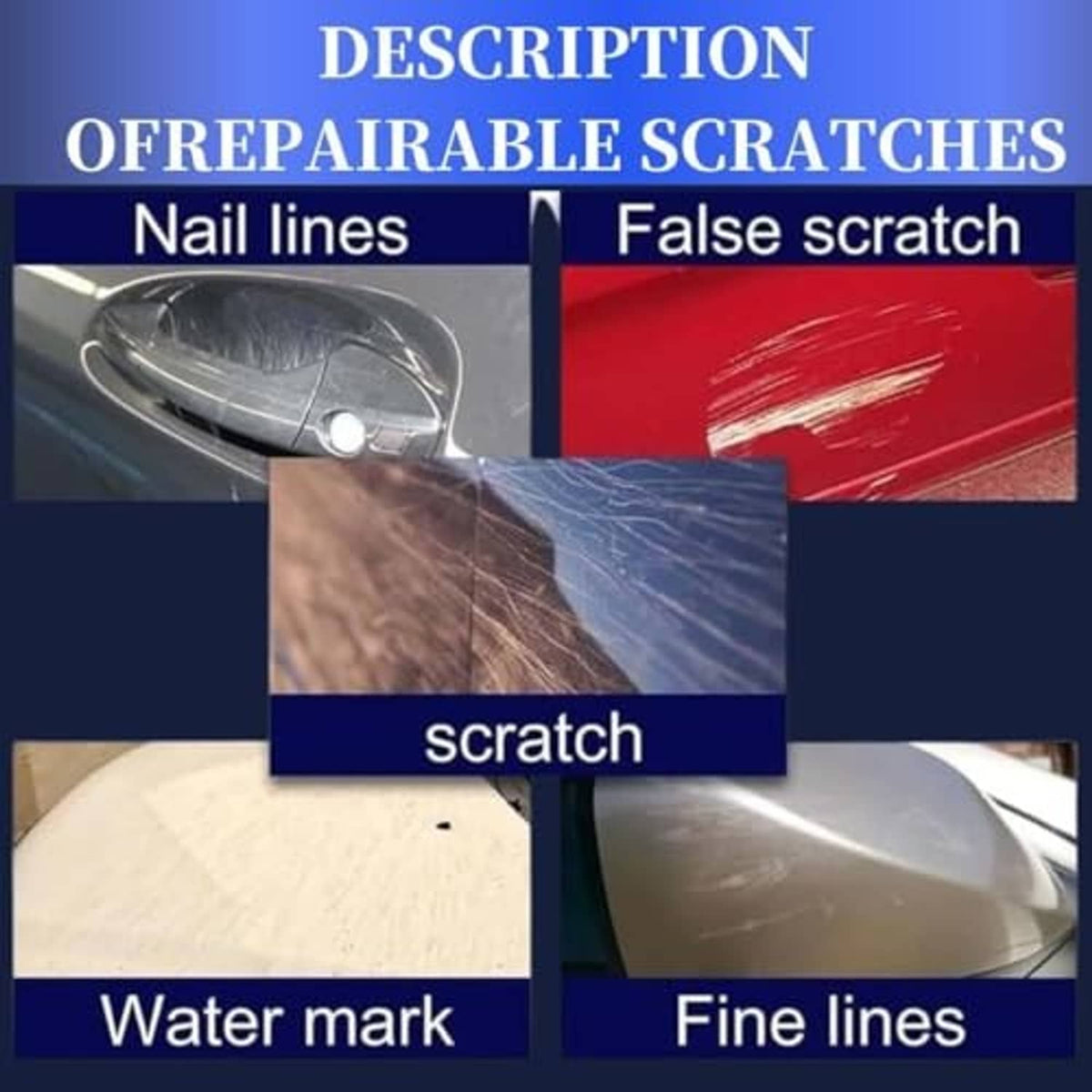 Car scratch repair coating agent graphic showing water marks and fine lines
