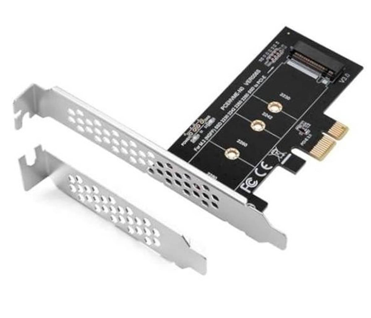 PCIe adapter card with M.2 NVMe slot and metal bracket with vented openings