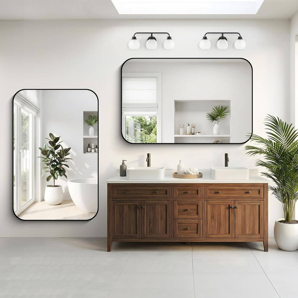 Matte black wall bathroom mirror with rounded corners and metal frame