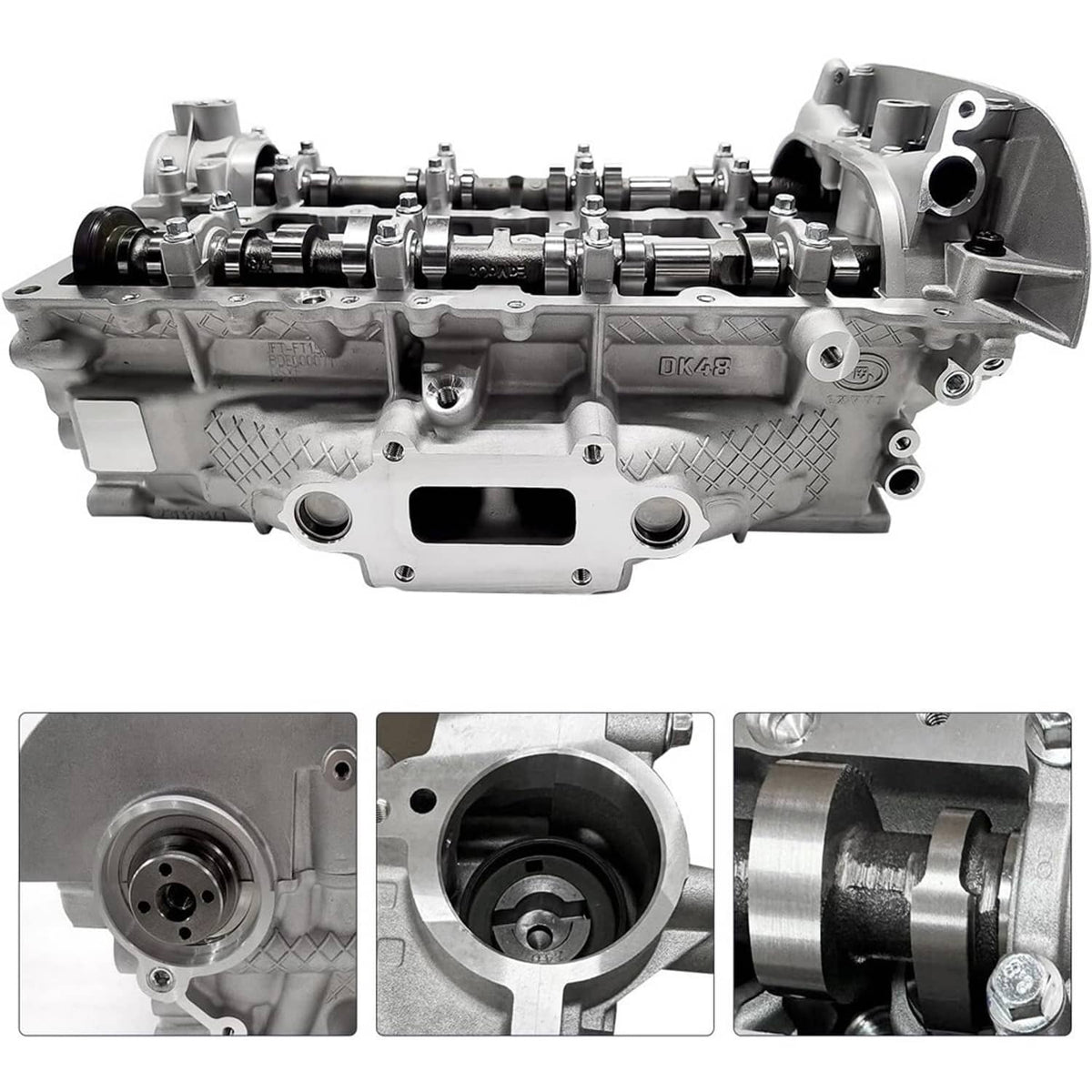 Engine cylinder head assembly with exhaust-side openings and close-up port details