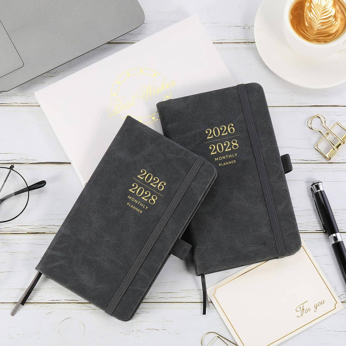 Set of dark monthly pocket calendars, 2026–2028 faux-leather covers with gold lettering