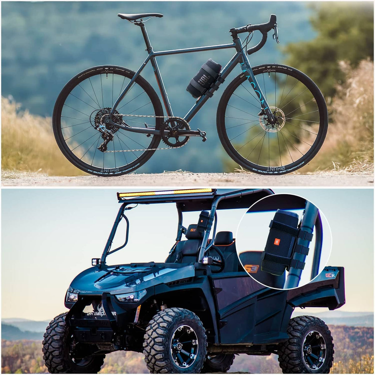 Black speaker mount on an off-road vehicle roof bar with adjustable strap