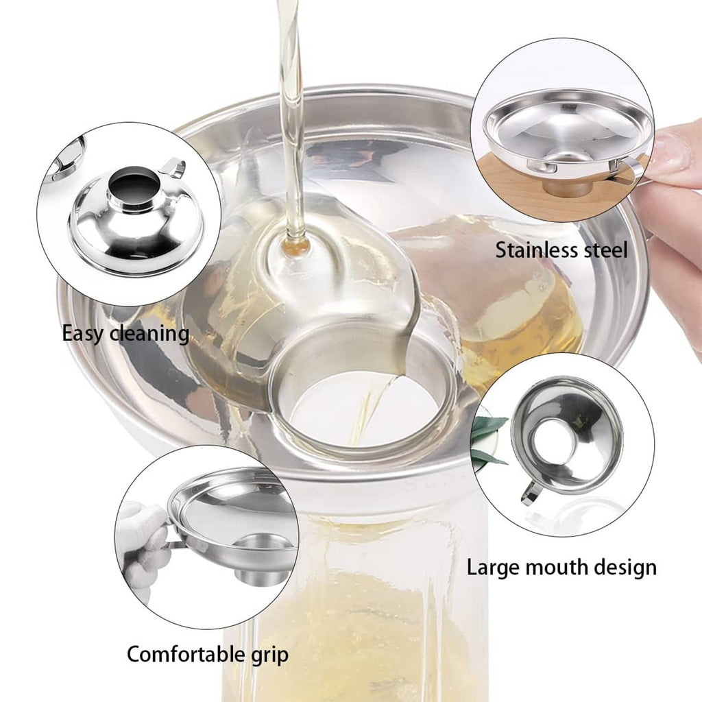 Wide-mouth stainless steel funnel with grip handle for mason jars, circular opening