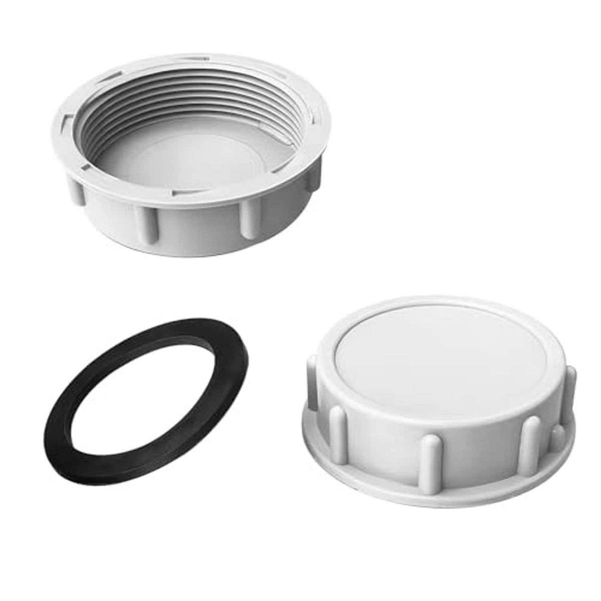 Round white blanking cap for PVC pipe, female threaded opening with black sealing gasket