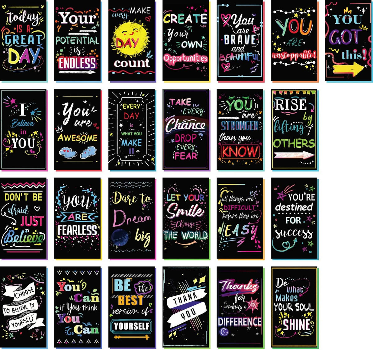 Mini motivational cards, dark backgrounds with bright sayings and assorted designs