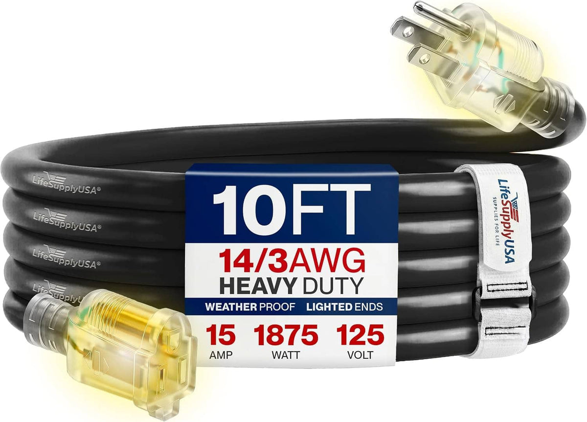 10ft outdoor extension cord bundle with 14/3 SJTW 3-prong plug, lighted ends