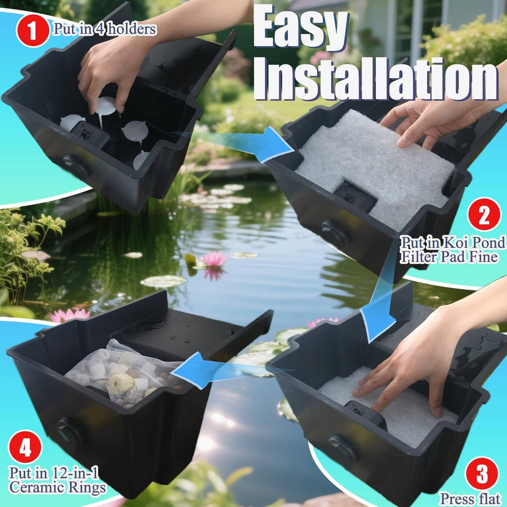 Easy-install pond filter holders with white pads and ceramic rings