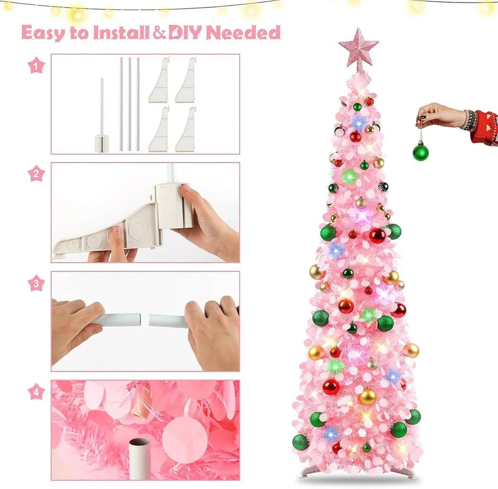 Pink pop-up Christmas tree with star topper and lights, shown during assembly