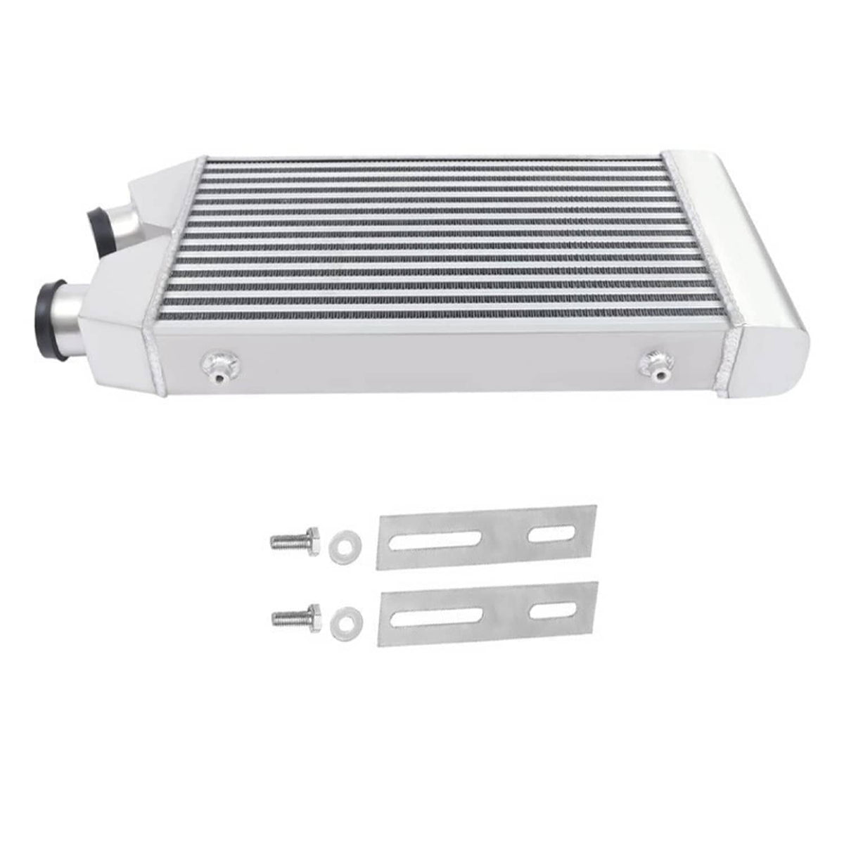 Aluminum front-mount intercooler core with two side inlet/outlet fittings and mounting brackets