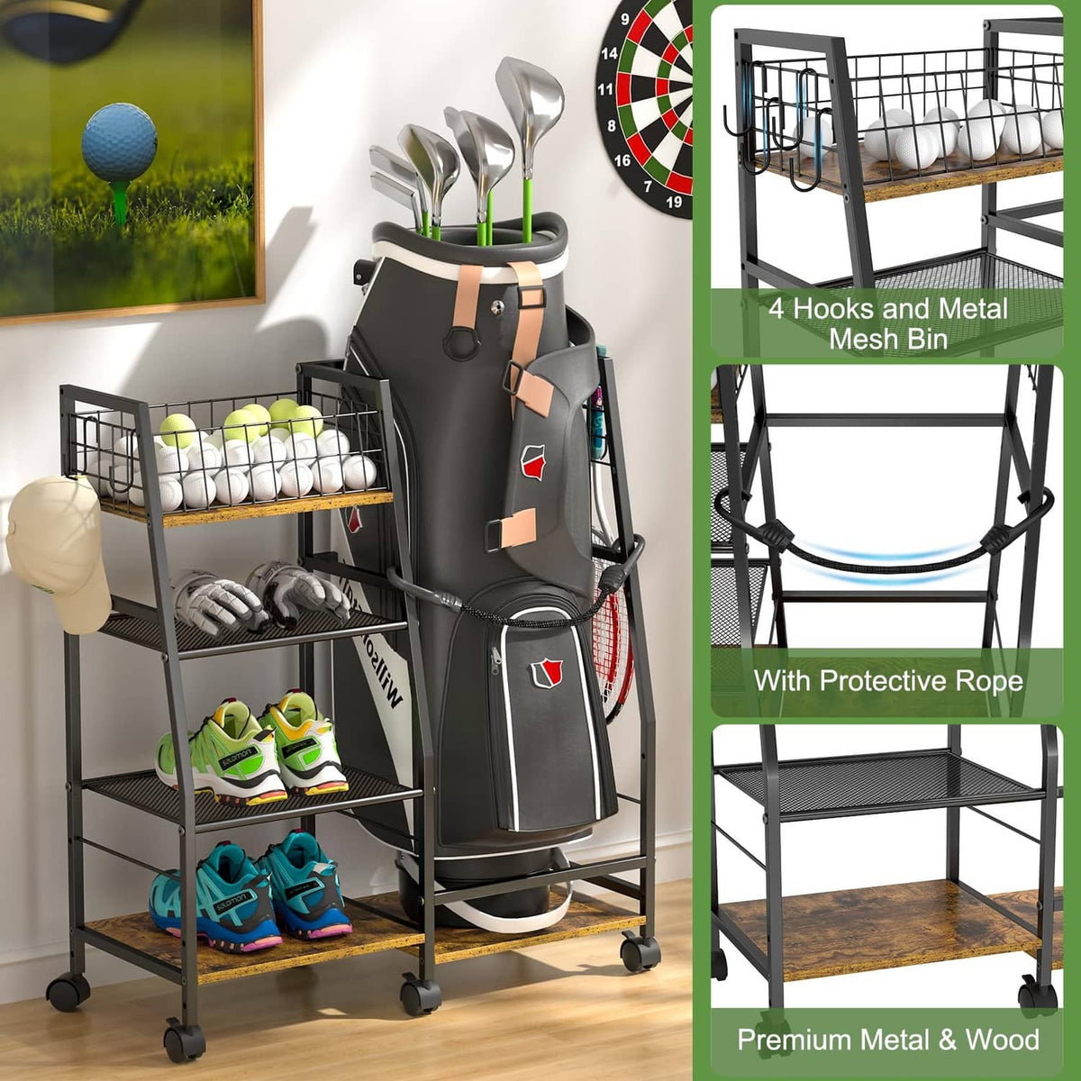 Golf bag storage rack with black metal frame, mesh bin, and clubs, balls, and shoes