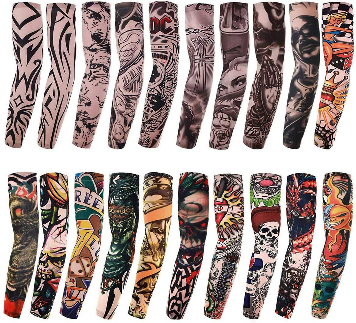 Set of tattoo-style arm sleeves with bold graphic designs in mixed colors