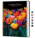 Spiral-bound academic planner cover with multicolor tulip illustration and black layout