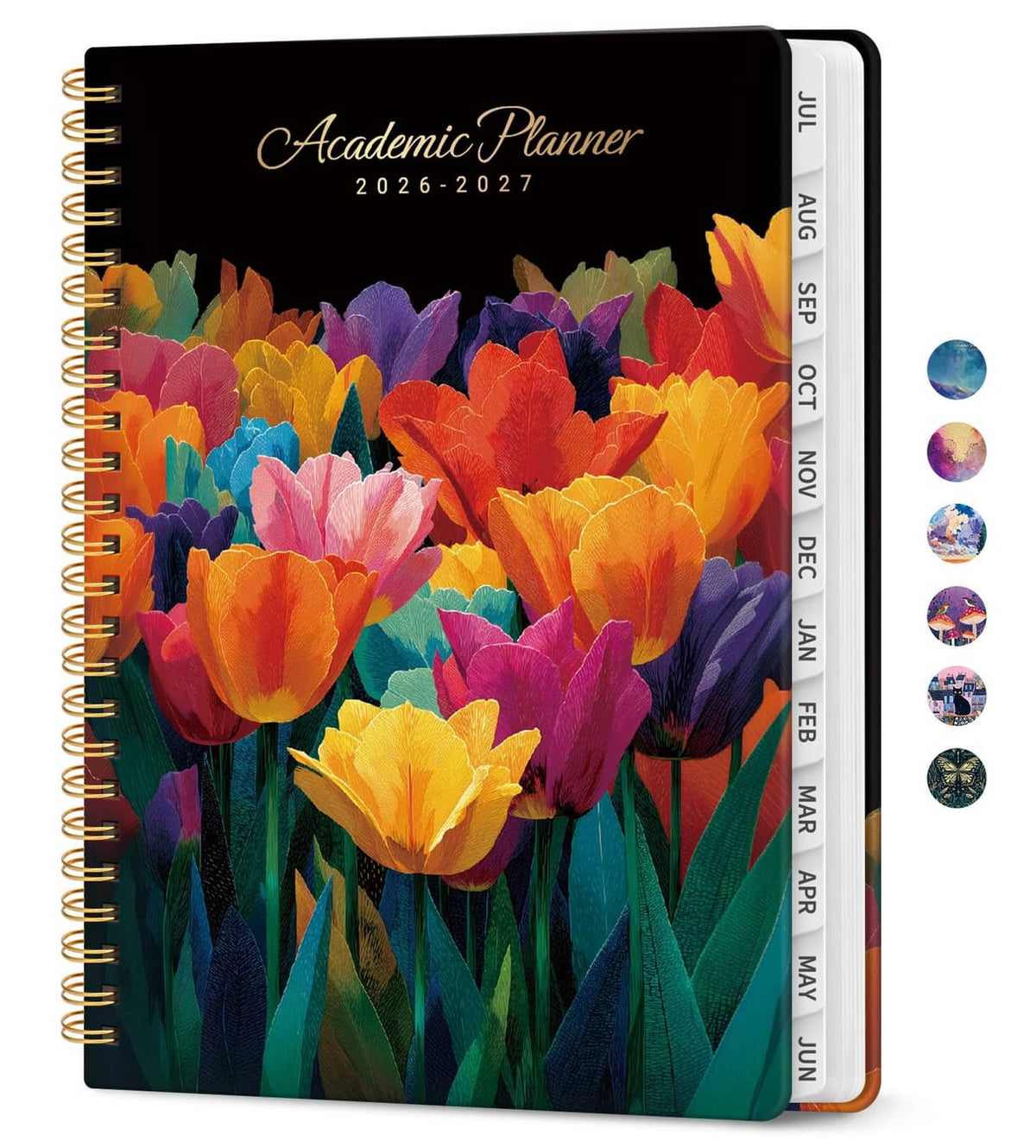 Spiral-bound academic planner cover with multicolor tulip illustration and black layout