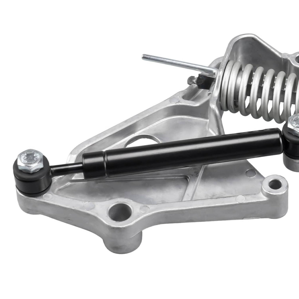 Belt tensioner assembly with coil spring, black rod, and silver mounting base.