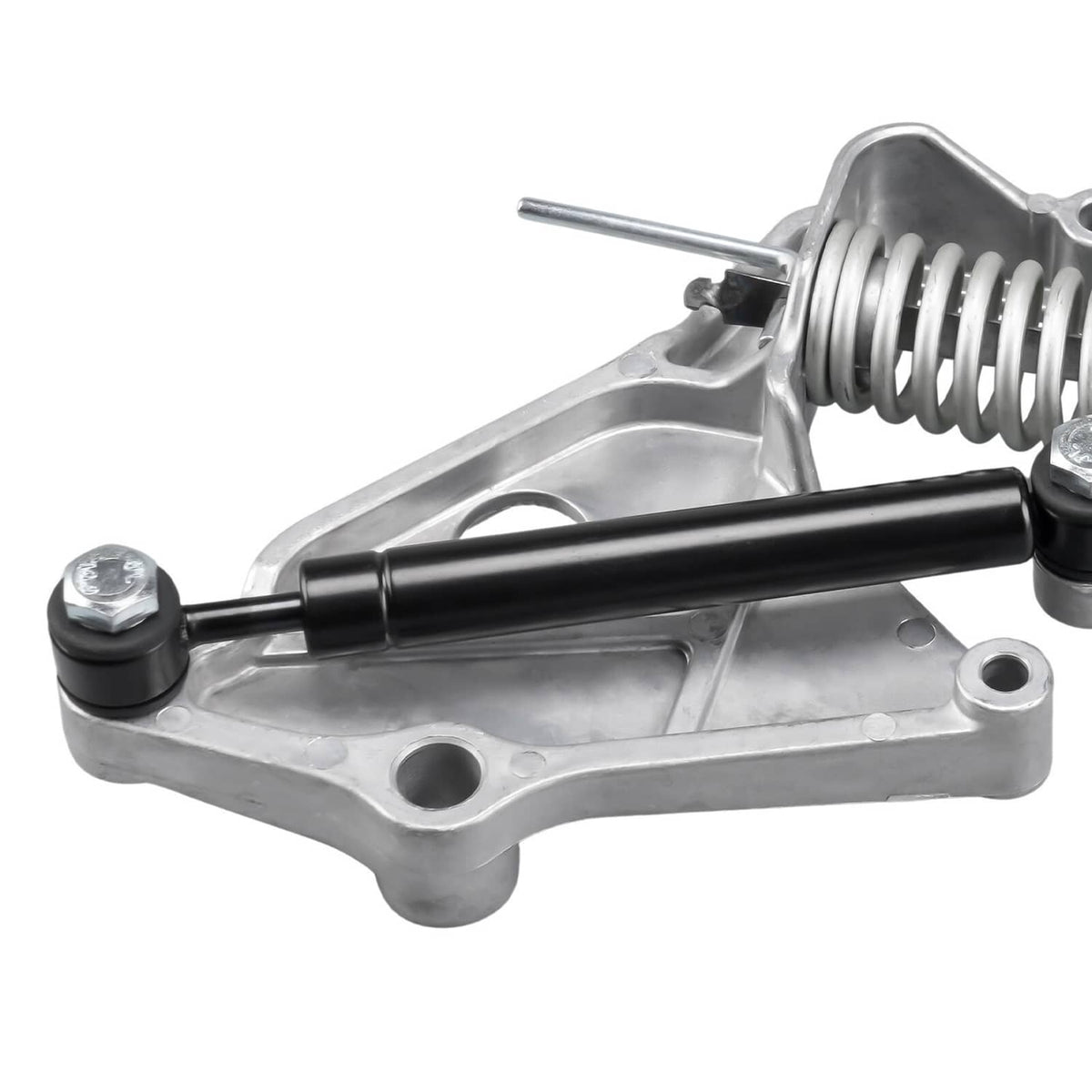 Belt tensioner assembly with coil spring, black rod, and silver mounting base.